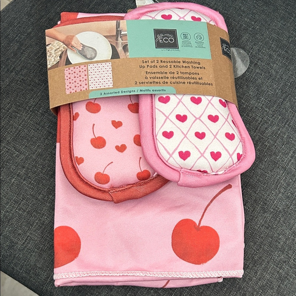 NEW Pink Cherry and Heart Eco Set of reusable washing pads and Kitchen Towel